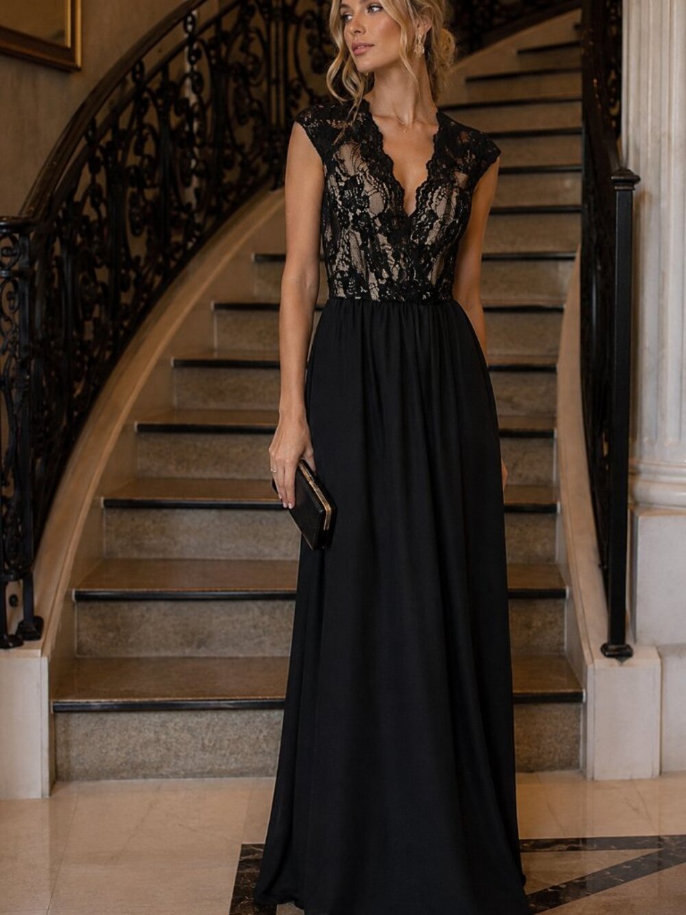 Worthington Black Lace Illusion Maxi Dress XS Formal Evening Gown